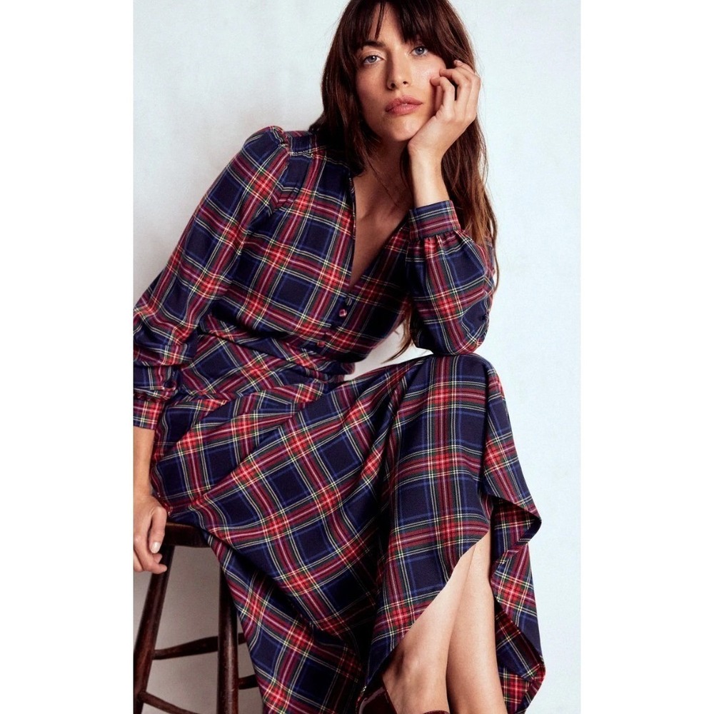 Boden Navy Red Tartan Plaid Ruffle V-Neck Midi Dress Long Sleeve Size 12R - Picture 5 of 12